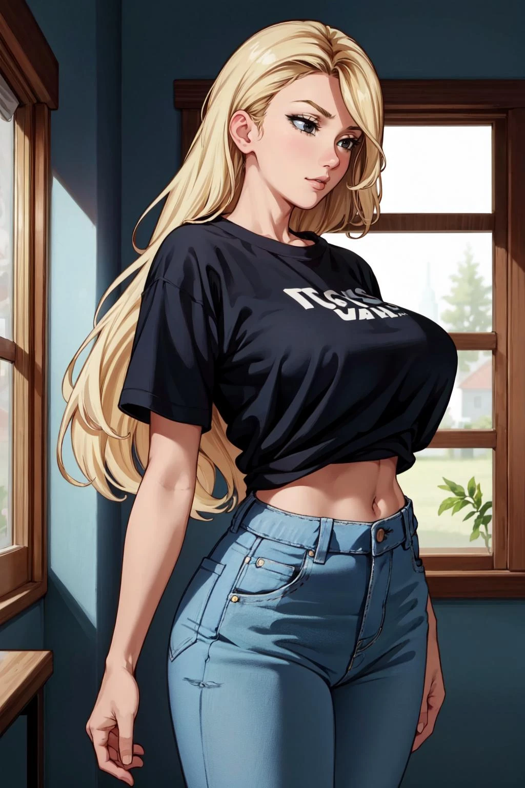(masterpiece:1.2, best quality:1.2, beautiful:1.1, high quality, 4k:1.1, aesthetic), detailed, extremely detailed, ambient soft lighting, flawless, hires, 1girl, big breasts, solo, t-shirt, jeans, blonde hair, long hair, black eyes, park, 
