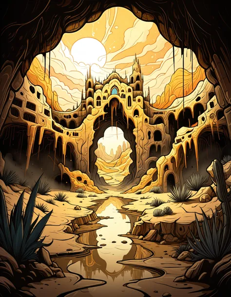 zavy-fltlnpnt, lineart, cel-shaded graphics, landscape of a cloudy goldbeard grotto and dusty desert oasis, sad, neo-expressioni...