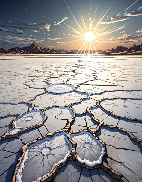 zavy-fltlnpnt, lineart, cel-shaded graphics, landscape of a illuminated (salt flat:1.1) , desolate lake, sun in the sky, delicat...