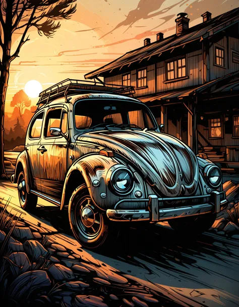 zavy-fltlnpnt, lineart, cel-shaded graphics, extreme rustic volkswagen, at sunset, shallow depth of field, monotype, f/14, muted...