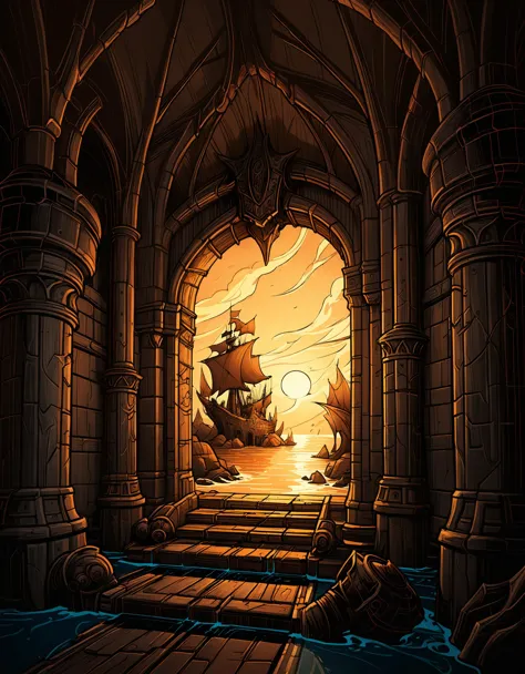 zavy-fltlnpnt, lineart, cel-shaded graphics, landscape of a Ironhammer Halls, it is Warm, marine subjects, practical, cinematic atmosphere, luxurious, luxurious sharp focus, fantastic aesthetic, background inspired, stunning, highly contrasted, intricate, dynamic dramatic beautiful full taking, deep aesthetic, warm light, highly detail