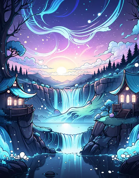 zavy-fltlnpnt, lineart, cel-shaded graphics, aurorus, kawaii, at dusk, panorama, cosy, spotlit, lovable, perfect background, bea...