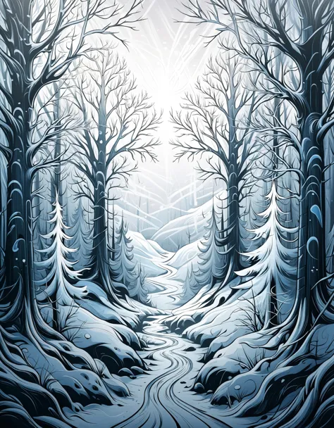 zavy-fltlnpnt, lineart, cel-shaded graphics, landscape of a decorated frostfall forest, foggy conditions, spiritual, f/14, dynam...