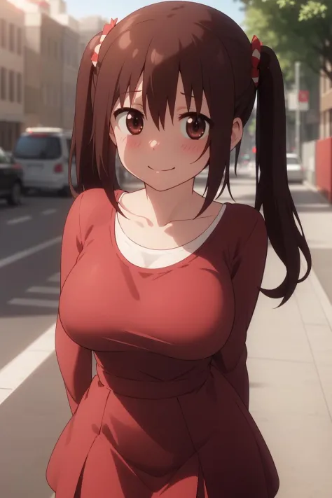 smile,large breasts,outdoors,street,walking, 
<lora:Nanan ebina1Ve:0.7>,1girl,twintails,brown hair,brown eyes,long hair,bangs,hair ornament,two side up,
collarbone,red dress,large breasts,pantyhose,long sleeves,,<lora:good hands:1>,, Exquisite visuals, hig...