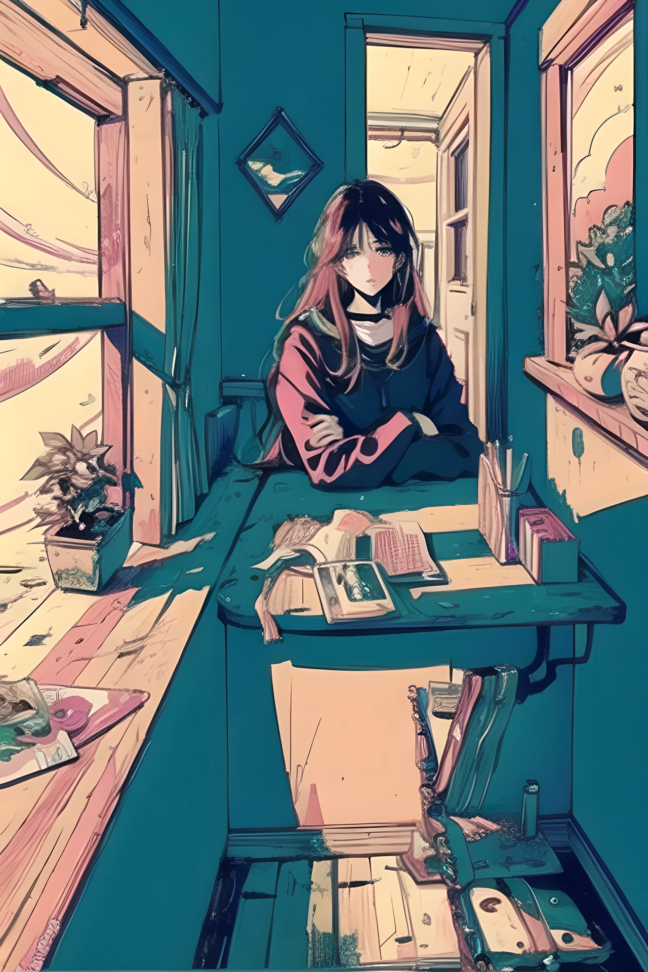 (masterpiece:1.5, best quality:1.5), ((VaporWave style, partially coloring)), close-up, from above, cinematic angle, 
1girl, Look tired, long_hair, solo, in bedroom, dolls were in a mess, decadent life, 
pole outside the window, sunset outside the window, street outside the window, the sunset outside the window,