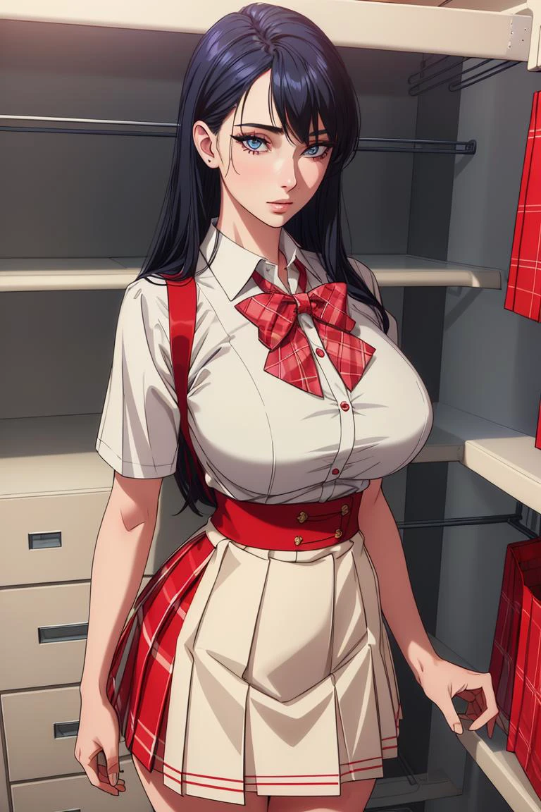 (masterpiece, highres, best quality:1.2), 8K, highly detailed, intricate, colorful, vibrant image, sharp focus, cinematic)  (Wearing, white shirt,red skirt, , shirt, short sleeves,pleated skirt, red bow, plaid bowtie, plaid neckwear,)(big perfect round breasts,hourglass body, thin waist,very thin waist, Photo realistic,(hyperrealistic:1)beautiful, masterpiece, best quality, extremely detailed face,perfect face,beautiful face, perfect lighting,detailed eye makeup, detail face, nice detailed eyes,nice hands, perfect hands, (realistic pupils,realistic iris:1) heavy eye makeup,(standing in closet)