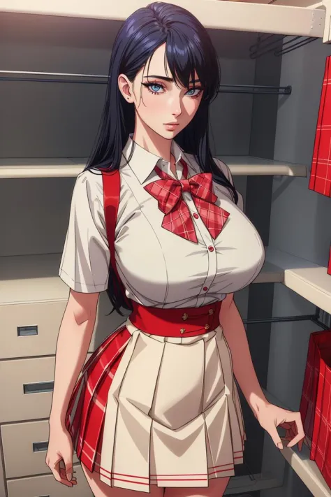 (masterpiece, highres, best quality:1.2), 8K, highly detailed, intricate, colorful, vibrant image, sharp focus, cinematic)  (Wearing, white shirt,red skirt, school uniform, shirt, short sleeves,pleated skirt, red bow, plaid bowtie, plaid neckwear,)(big per...