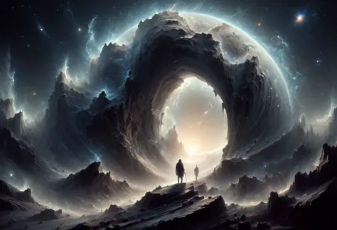 a man standing on a mountain looking at a giant vortex