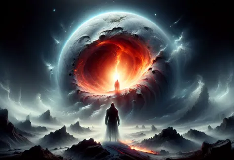 a man standing in front of a giant black hole with a red light