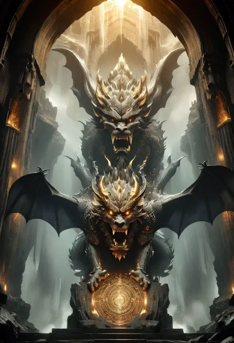 a large dragon with a golden head and wings on a throne