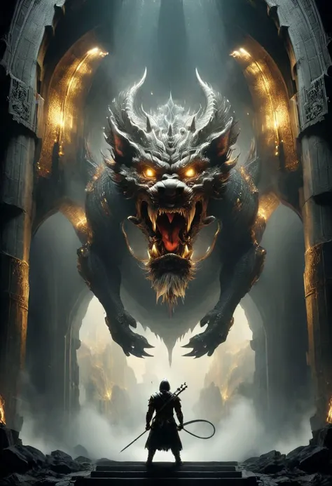 a man standing in front of a giant dragon with a sword