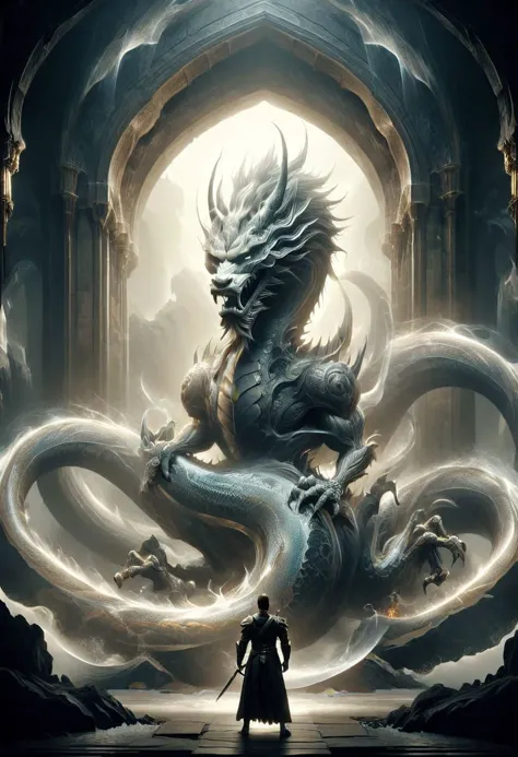 a white spirit man standing in front of a giant dragon, 
which flies out of a huge gothic arch, a dragon inside a cave, a dragon...