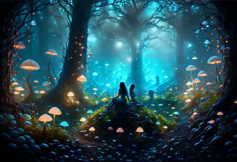 a swarm of ((faeries)), guarding a nest, among (luxuriant bioluminescent plants), fantasy world, Tim burton style, ((((Ultra-HD-photo-same-realistic-quality-details)))), intricate details, panoramic view