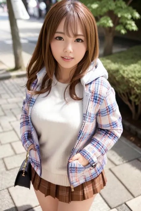 1girl,  coat, hood, jacket, ((duffle coat)), lips, lipstick, plaid, plaid_skirt, realistic, skirt, solo, standing, best quality, photorealistic, masterpiece, 8k, high res, solo,  (((woman))), (medium breast), ((looking at the viewer)), (looking at the camera), (short hair), (professional lighting, bokeh),top angle view, extremely detailed face,  fashionable and trendy atmosphere, japan, street, park, river, sakura, sakura blossom, ((daytime)), (portrait:0.6), seductive smile,  gorgeous, floating hair, (light particles, lens flare, glowing particles:0.6), (dynamic pose:1.2), soft lighting, brown hair,  full body, narrow face, smile,   <lora:nagisahikari:0.8>