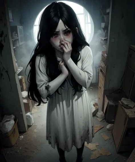 Sadako,long black hair,pale skin,hair over eyes,black eyes,crying, 
White dress,dirty clothes,sad,
solo,night,
(insanely detaile...