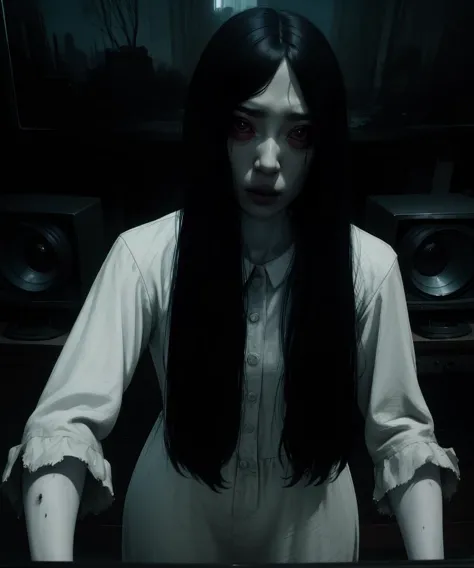 Sadako,long black hair,pale skin,black eyes,
dirty white dress,long sleeves,
dark room,dim lighting,large television,
(insanely ...
