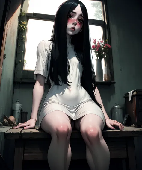 Sadako,long black hair,pale skin,black eyes,
short dirty White dress,sad,hips,looking at viewer,blush,
sitting,
solo,night,
(ins...