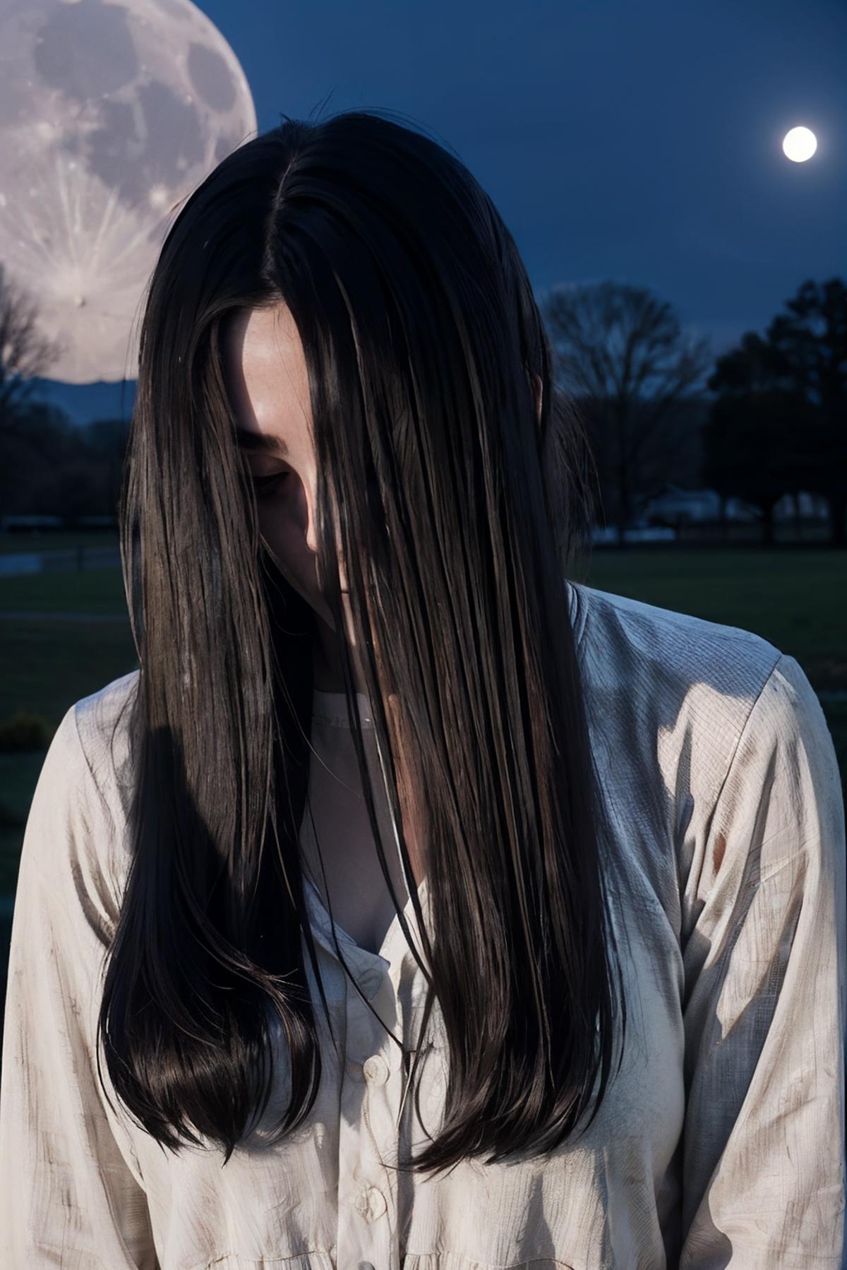 Arafed woman with long black hair standing in front of a full moon - SeaArt  AI