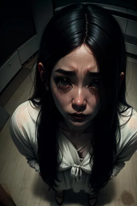 Sadako, long black hair, facing viewer, pale skin, hair over eyes,  sad, from above,  tears, 
White dress, long sleeves ,dirty clothes, solo, standing, dark room, large TVs,
 (insanely detailed, beautiful detailed face, masterpiece, best quality)
 <lora:Th...