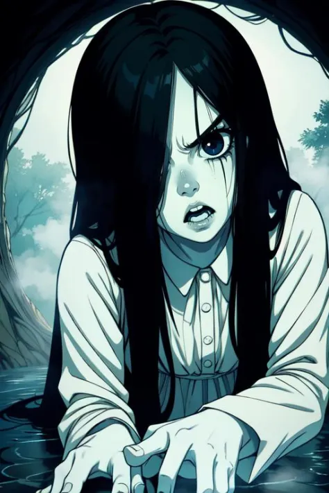 Sadako,long black hair,facing viewer,pale skin,hair over eyes,angry,petite,
White dress,long sleeves,barefoot,
horror \(theme\),...