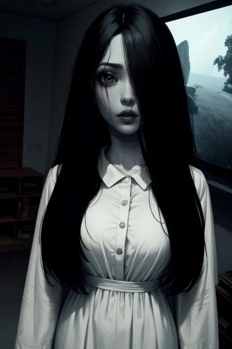 Sadako, long black hair, facing viewer, pale skin, hair over eyes, 
White dress, long sleeves ,dirty clothes, solo, standing, da...