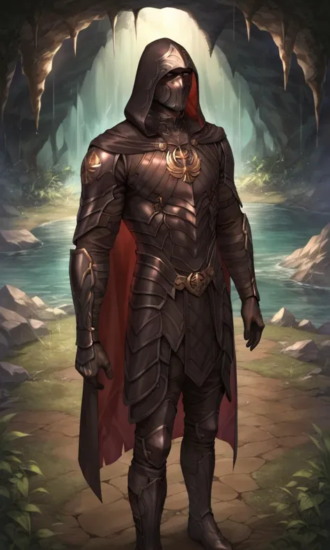 a man in armor standing in front of a cave