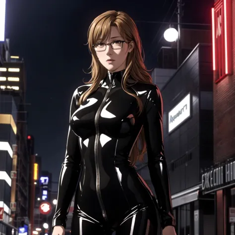 anime girl in latex outfit walking down the street at night