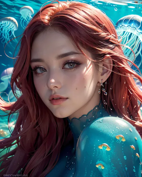 a woman with red hair and blue bodysuit in the ocean