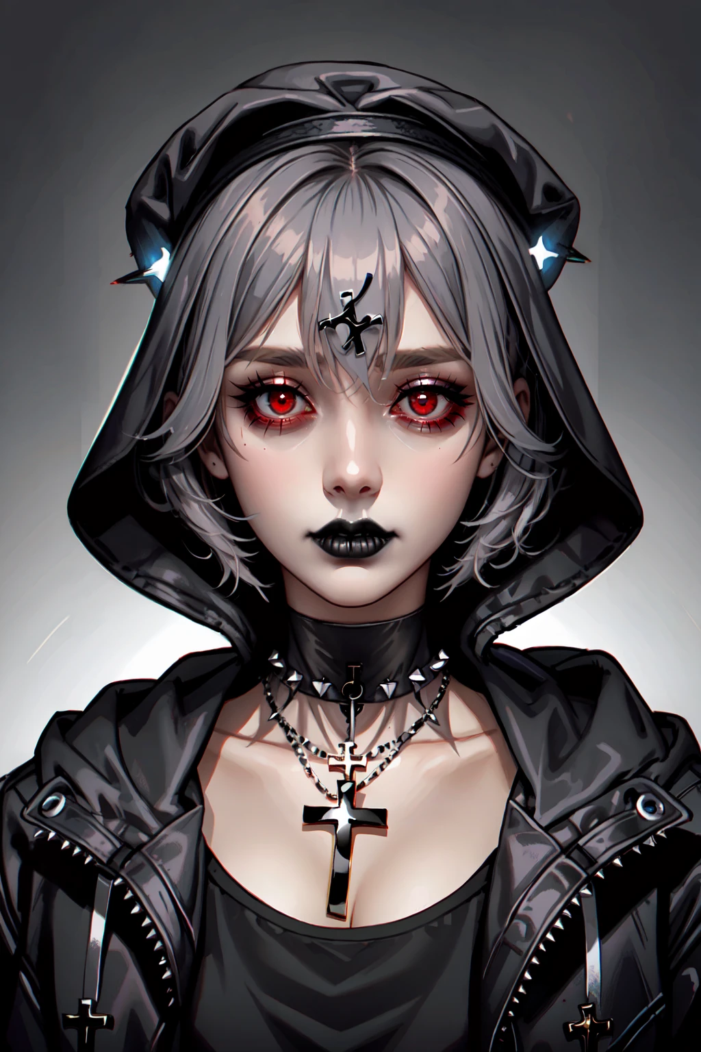 Virtual_Realism, 1girl, black choker, gothic, zombie vibes, black lips, choker, collar, cross, cross necklace, grey hair, hair ornament, hairclip, hat, hood, inverted cross, jacket, jewelry, lipstick, looking at viewer, makeup, medium hair, necklace, red eyes, shirt, short hair, solo, spiked collar, spikes, upper body, glowing, horror theme, liminal, 
