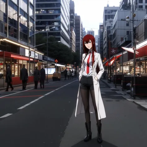 anime girl in a white coat and black shorts standing in a city street