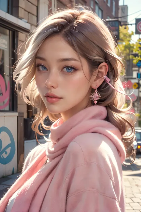 a woman with blue eyes and a pink scarf on a city street