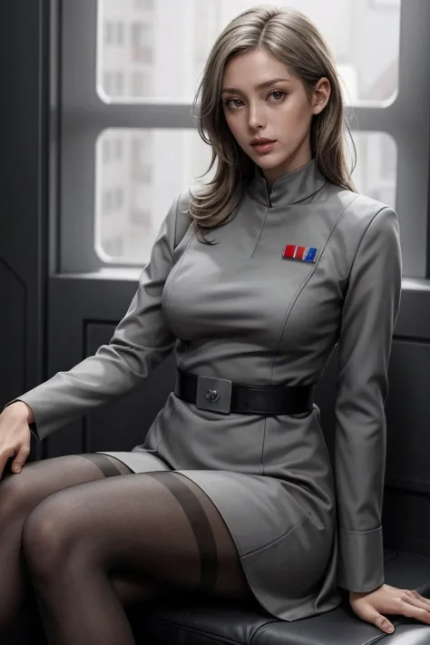 a beautiful woman, imperialofficer uniform, light gray pantyhose, sitting down, laid back <lora:more_details:0.5> <lora:ImpofficerV2:0.5>