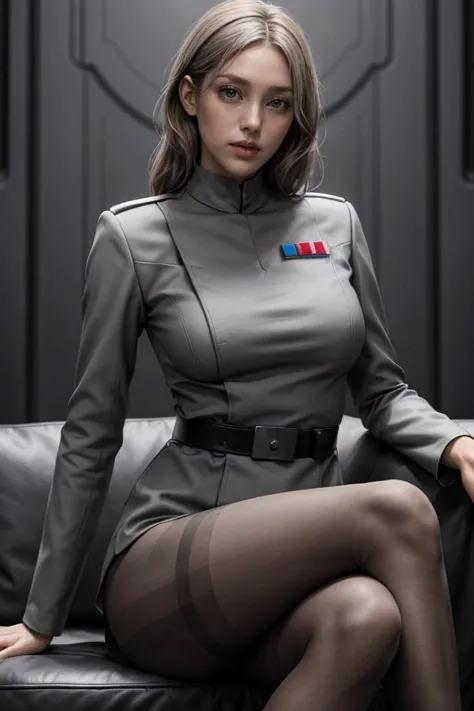 a beautiful woman, imperialofficer uniform, light gray pantyhose, sitting down, laid back <lora:more_details:0.5> <lora:ImpofficerV2:0.5>