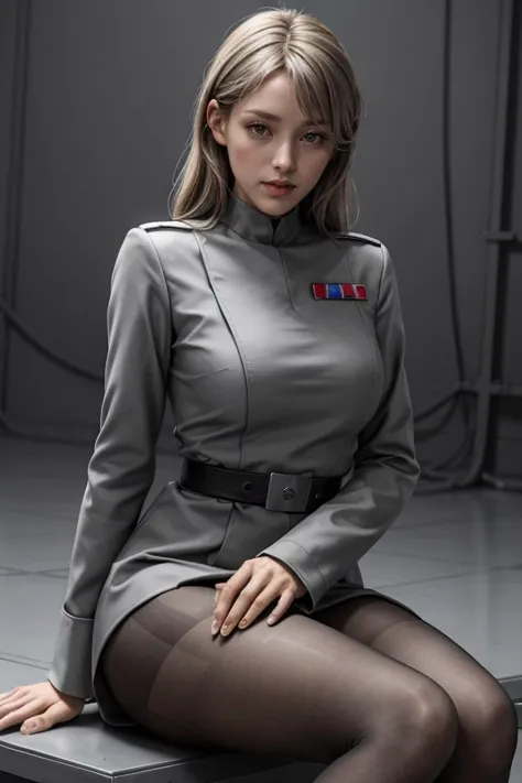 a beautiful woman, imperialofficer uniform, light gray pantyhose, sitting down, laid back <lora:more_details:0.5> <lora:ImpofficerV2:0.5>