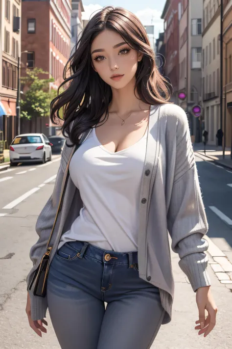 ((Best quality)), ((masterpiece)), ((realistic)), (hyperrealism:1.2), (fractal art:1.2), photography, height:152cm, medium hair layered cut,thigh gap, medium_big breasts, girl frend, neat short_sleeves,black_long_jeans, grey cardigan, purple_bridge dye:half, (8K UHD:1.2), (photorealistic:1.2)