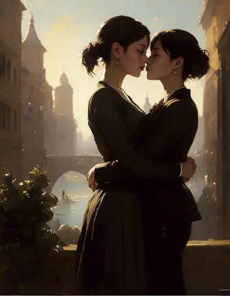 modelshoot style, (extremely detailed CG unity 8k wallpaper), full shot body photo of the most beautiful artwork in the world, IUkpop, 2girls, pretty, (yuri), couple, face-to-face, imminent kiss, beautiful ((gothic city)), professional majestic impressionism oil painting by Waterhouse, John Constable, Ed Blinkey, Atey Ghailan, Studio Ghibli, by Jeremy Mann, Greg Manchess, Antonio Moro, trending on ArtStation, trending on CGSociety, Intricate, High Detail, dramatic, makoto shinkai kyoto, trending on artstation, trending on CGsociety,  <lora:gothicNoir_gothicNoir:0.7>, <hypernet:desolation_desolation2:0.6>