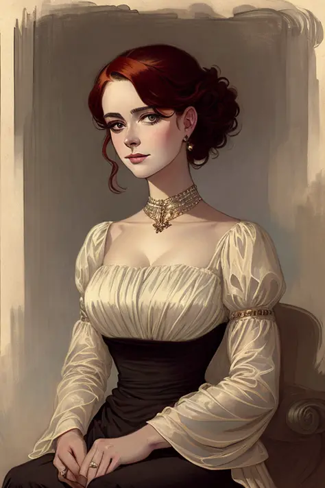 Style-Empire, <lora:gothicNoirStyle:0.5>, with long red hair and green eyes, eyeliner, wearing black dress, intricate, elegant, highly detailed, digital painting, artstation, concept art, smooth, sharp focus, illustration, art Krenz Cushart and Artem Demura and alphonse mucha