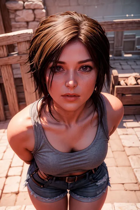 a professional photo of rottr_lracrft woman, wearing a very long v neck  sleeveless grey shirt, long cotton shorts, tactical belts around thighs, dynamic standing  pose in the great wall of china sunbathing, ((extremely detailed skin)), (perfect eyes), (((perfect hands))), (curvy hips:0.8), (filmic lighting), (desaturated:1.05), 8k, dslr, (bokeh), ultra high res   <lora:add_detail_v5:1> <lora:ROTTR_Lara Croft:0.75> <lora:LowRA:-0.5>