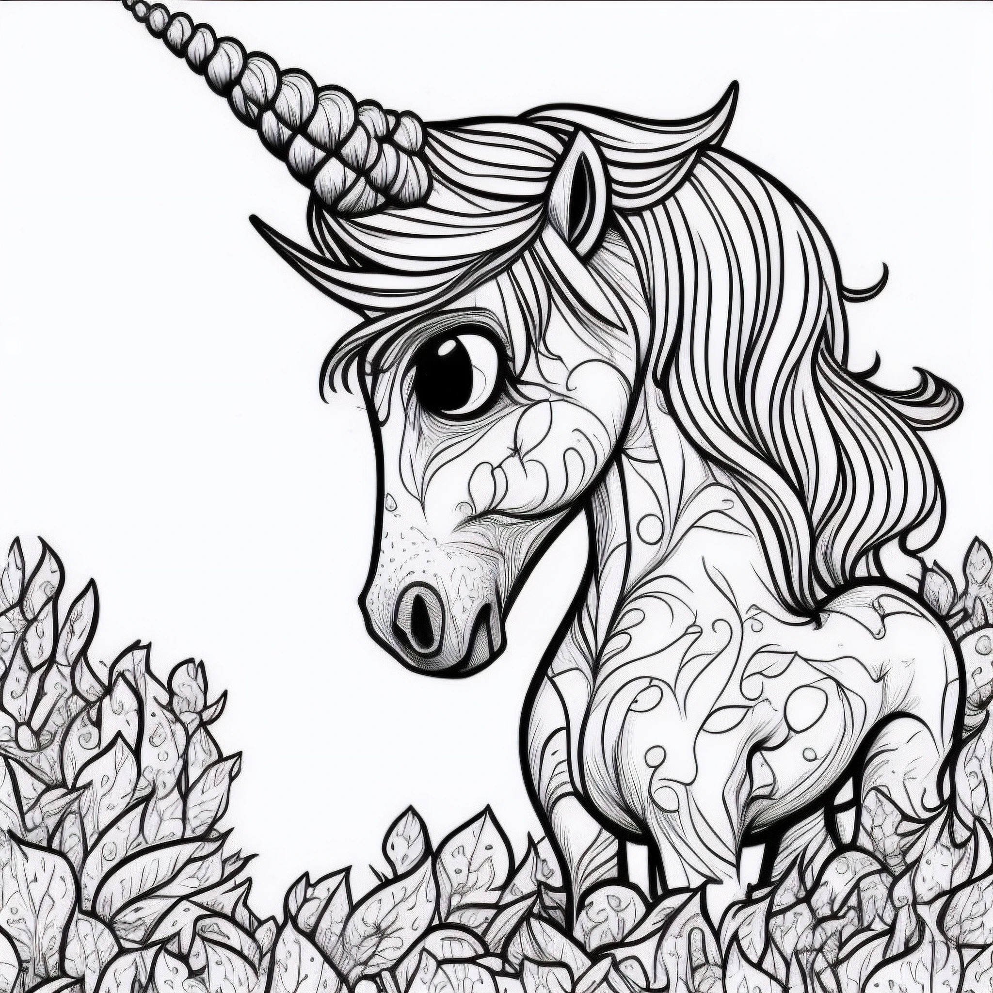 (sad unicorn), COLR_001, intricate, cute, simple, white background, black and white, thin lines