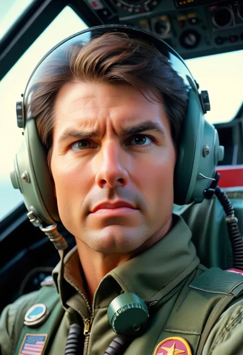 (analog photo:1.2),((amateur photo:1.3,art retouch,90s flash photo, analogue photo),
close-up portrait funny Tom Cruise as Maverick in Top Gun: Maverick, sitting in the cockpit of an F-18, (16mm lens low wide-angle,(fish-eye:0.8)),(move noment), ,(skin texture), Fujifilm Superia X-Tra 400),(midnight hour, high quality, film grain), (natural colors, correct white balance, color correction, dehaze,clarity),  <lora:cinematic vintage film:0.8> Cinematic vintage film style