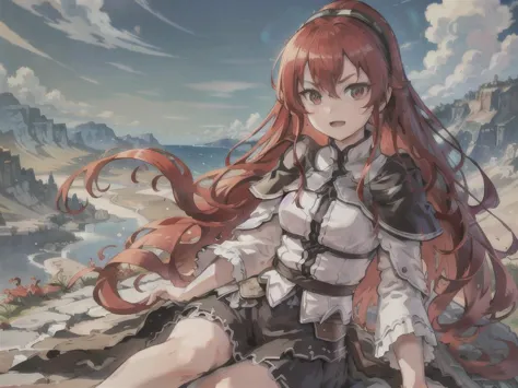 anime girl sitting on a rock with long red hair