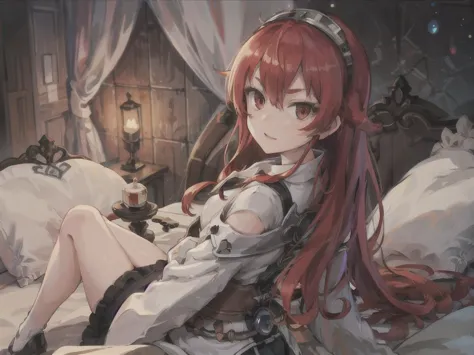 anime girl with red hair sitting on a bed with a cat