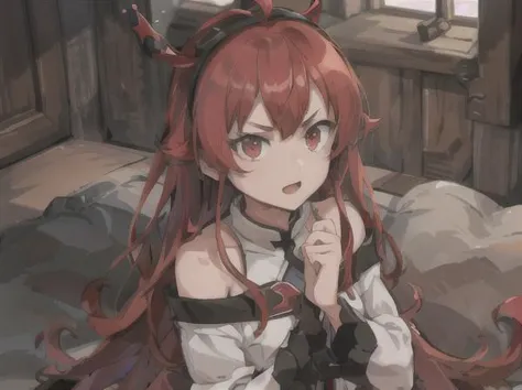 anime girl with red hair sitting on bed in a room