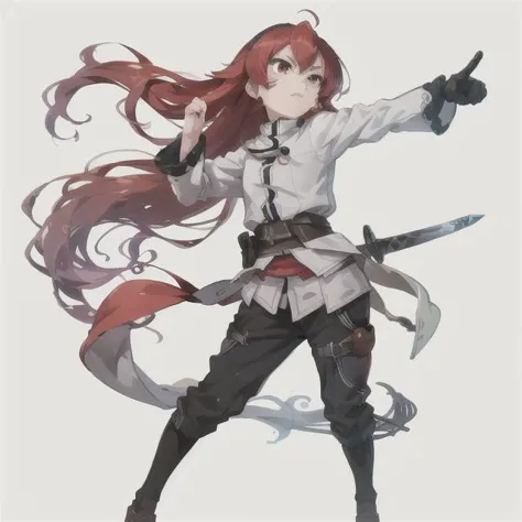 a woman with long red hair holding a sword and pointing