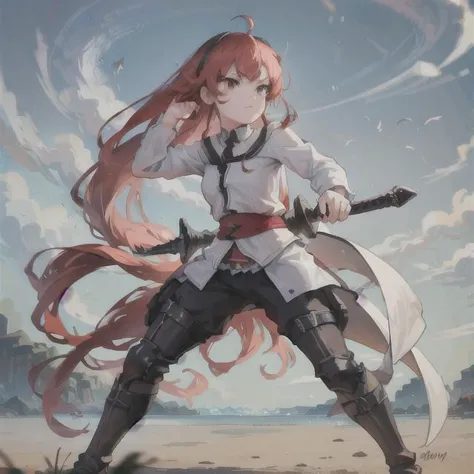 anime girl with long red hair holding a sword in a field