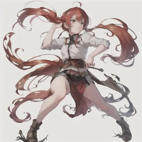 anime girl with long red hair and a white shirt