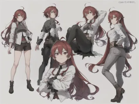 anime character poses of a woman with long red hair and a white shirt