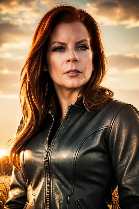 a RAW photo, portrait of ladyfyre, wearing leather jacket, jeans, wheat field, sunset, cinematic shot, intricate details, mecha armor, science fiction, volumetric lighting, detailed eyes and face, magnificent, epic, sharp focus, dlsr, rim lights, blurry background, best quality, highly detailed, masterpiece, 8k, <lora:add_detail:1>, <lora:LadyFyre:1>,