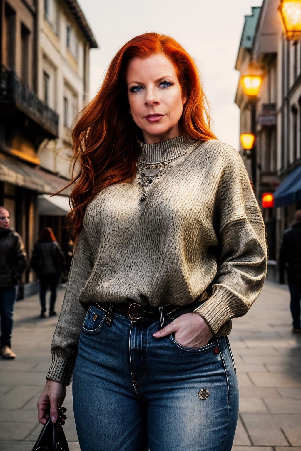 Arafed woman with red hair and a sweater on a city street - SeaArt AI