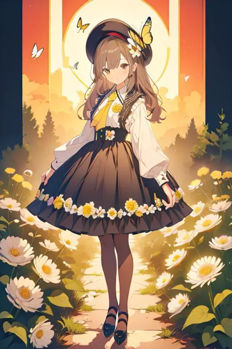 illustration,butterfly,flower,1girl,long hair,hat,yellow flower,necktie,holding,frills,dress,bangs,pantyhose,black footwear,black headwear,skirt,ribbon,daisy,full body,pink bow,<lora:illustration_20240520235257-000003:0.7>,border,colorful,incredibly absurdres,available light,nature,flowers meadows,